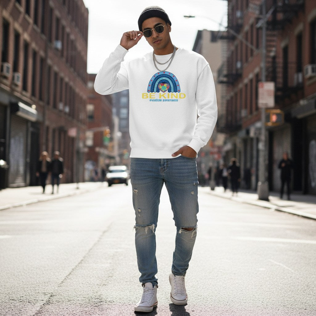 South Asian man wearing a white Be Kind autism awareness sweatshirt.