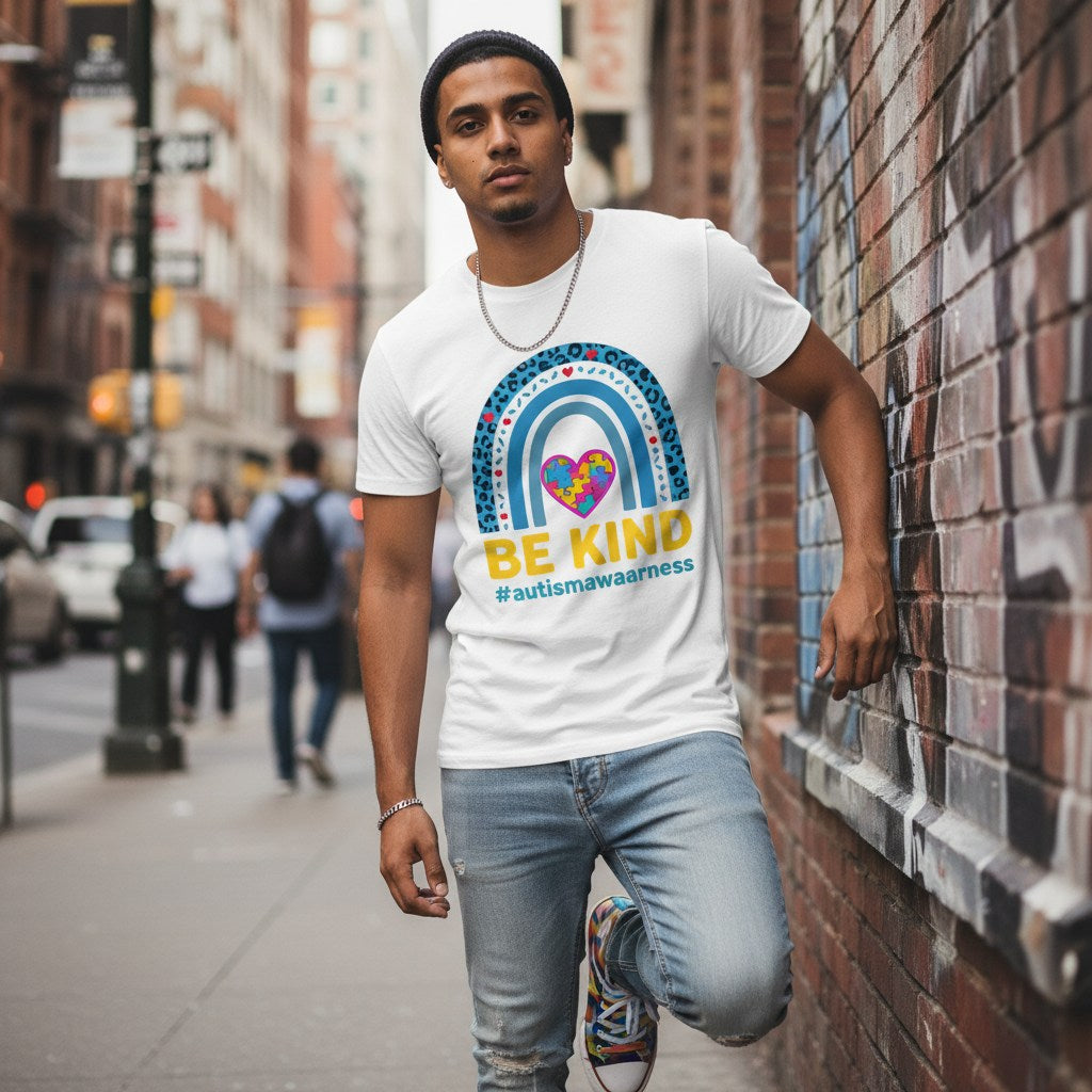 South Asian man wearing a white Be Kind autism awareness rainbow puzzle heart T-shirt.