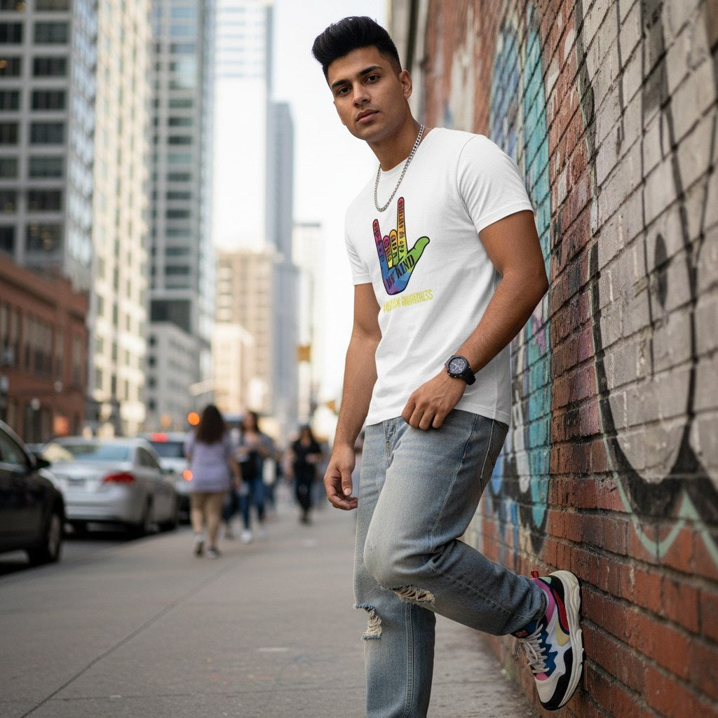 South Asian man wearing a white be kind autism awareness T-shirt in a streetwear style.
