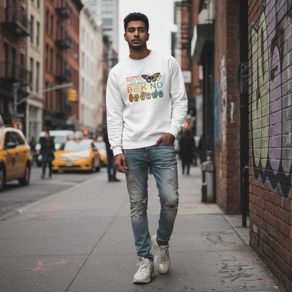 South Asian man wearing a white "Be Kind" butterfly ASL autism awareness sweatshirt.