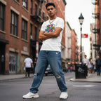 South Asian man wearing a white Be Kind puzzle t-shirt.