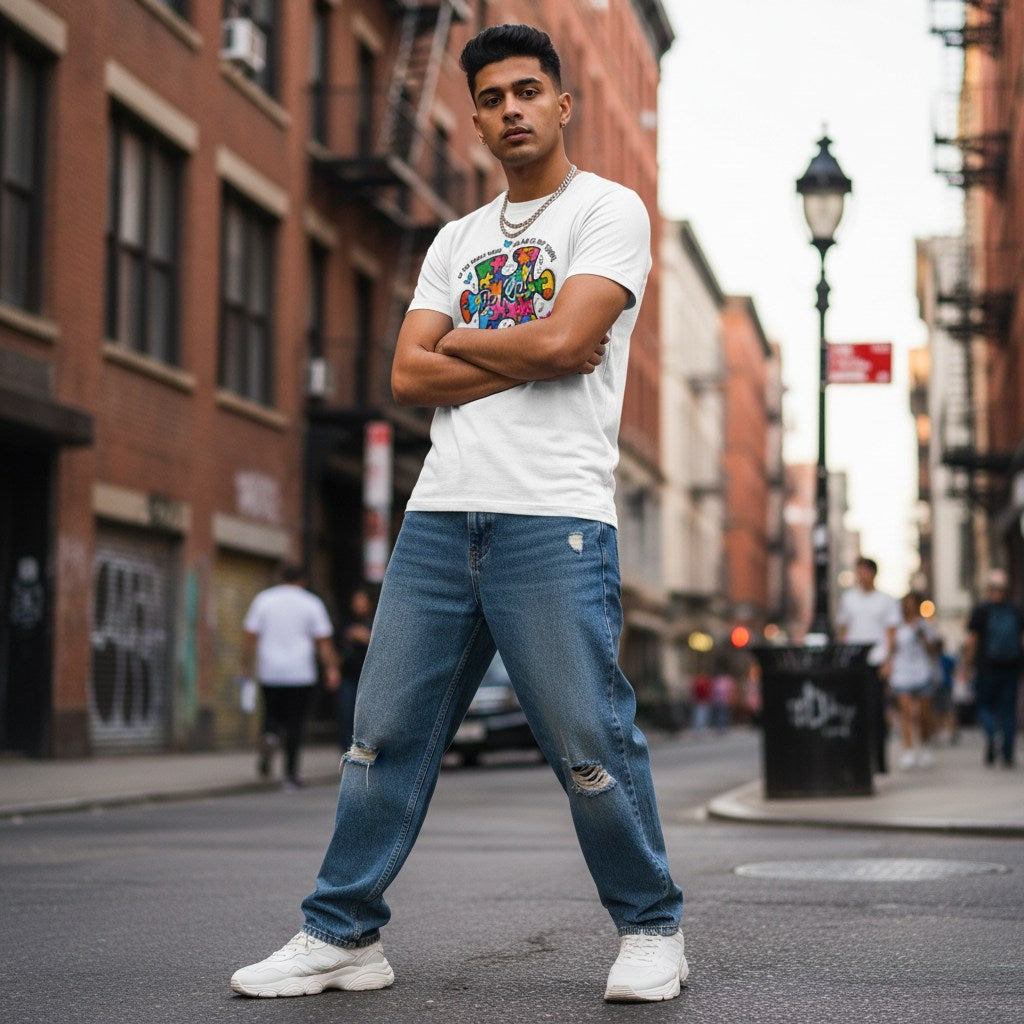 South Asian man wearing a white Be Kind puzzle t-shirt.