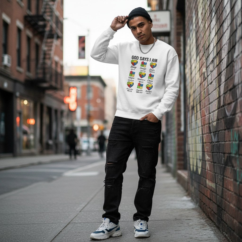 South Asian man wearing a white God Says I Am autism awareness sweatshirt with puzzle hearts.