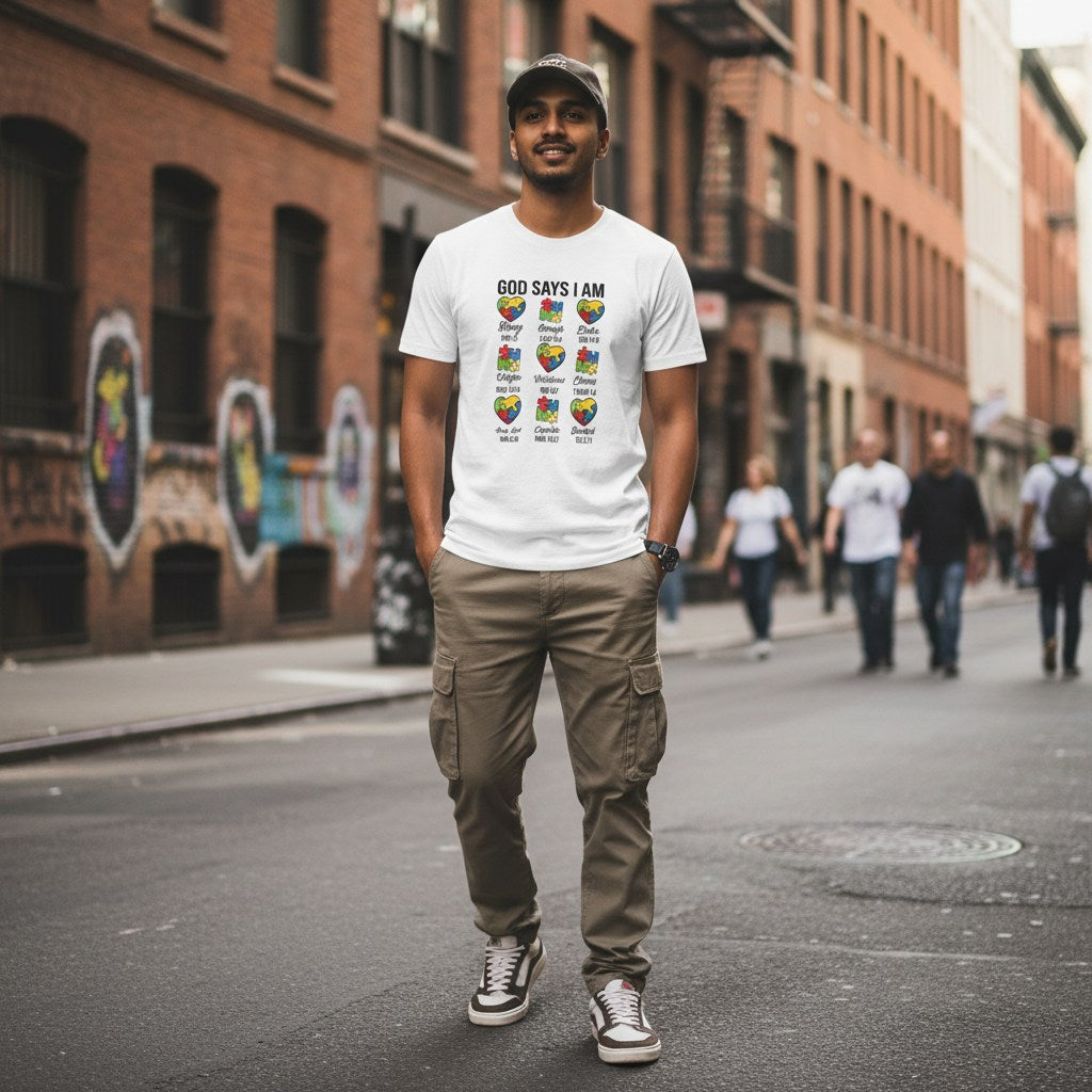 South Asian man wearing a white T-shirt with the God Says I Am autism affirmations design.