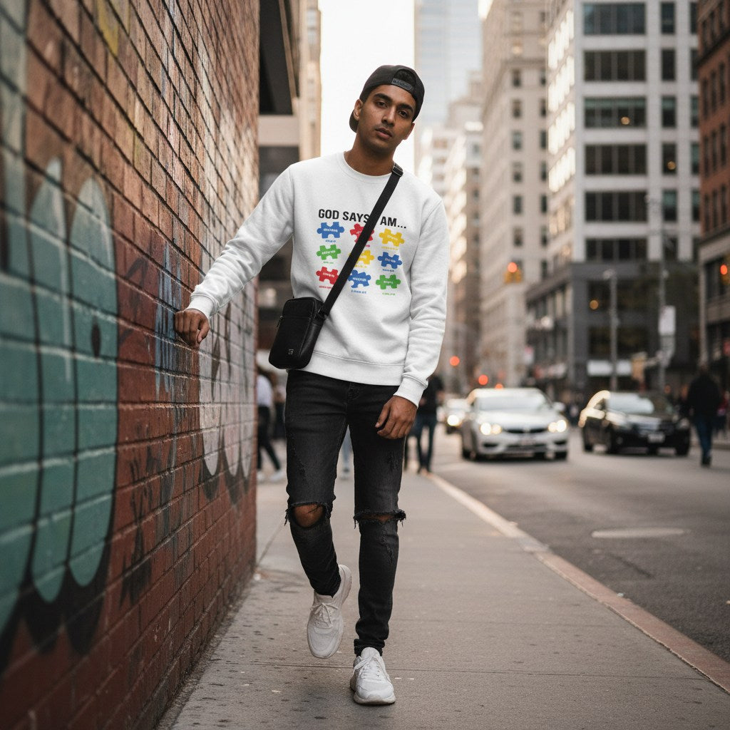South Asian man wearing a white God Says I Am autism awareness sweatshirt.