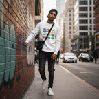 South Asian man wearing a white God Says I Am autism awareness sweatshirt.