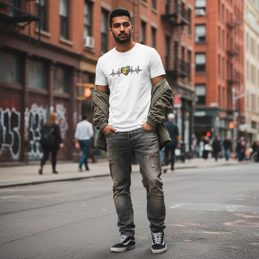 South Asian man wearing a white autism heartbeat puzzle t-shirt.