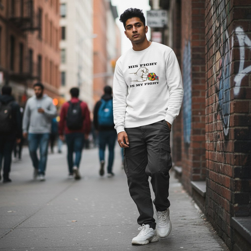 South Asian man wearing a white his fight is my fight autism awareness sweatshirt.