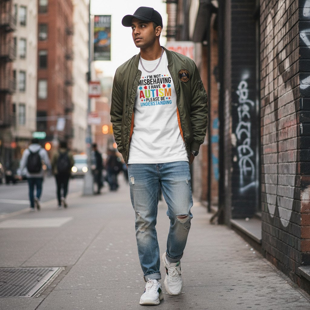 South Asian man wearing a white "I'm Not Misbehaving I Have Autism" T-shirt.