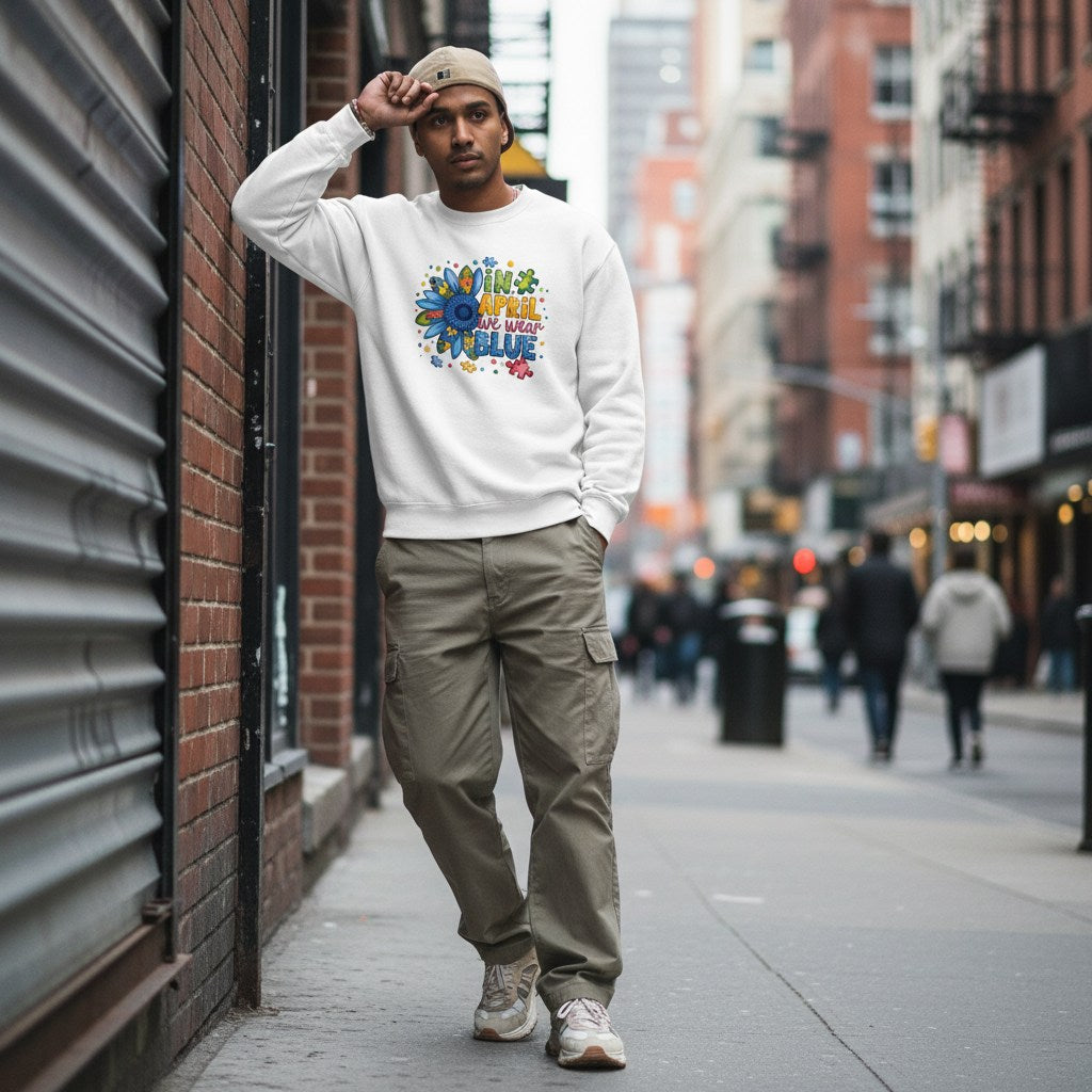 South Asian man wearing a white In April We Wear Blue autism awareness sweatshirt.
