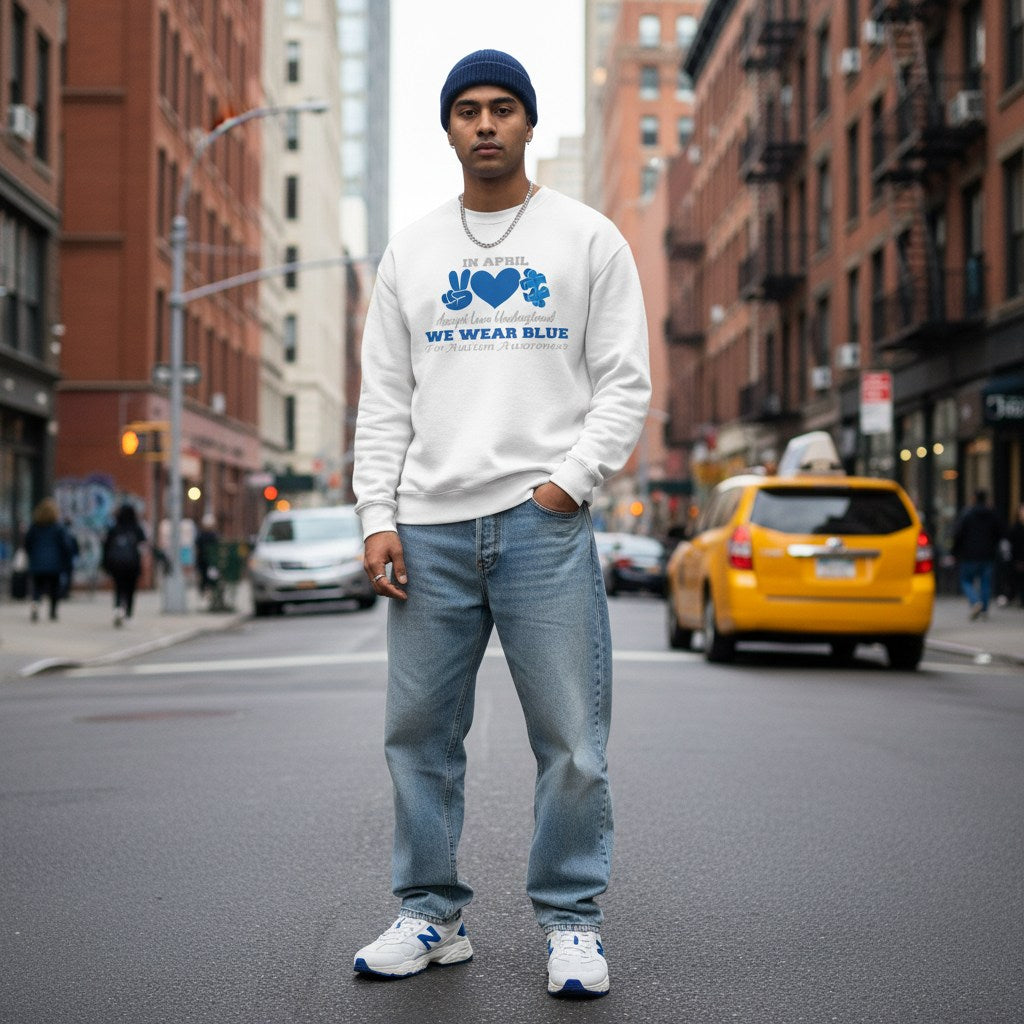 South Asian man wearing a white in April we wear blue autism awareness sweatshirt.