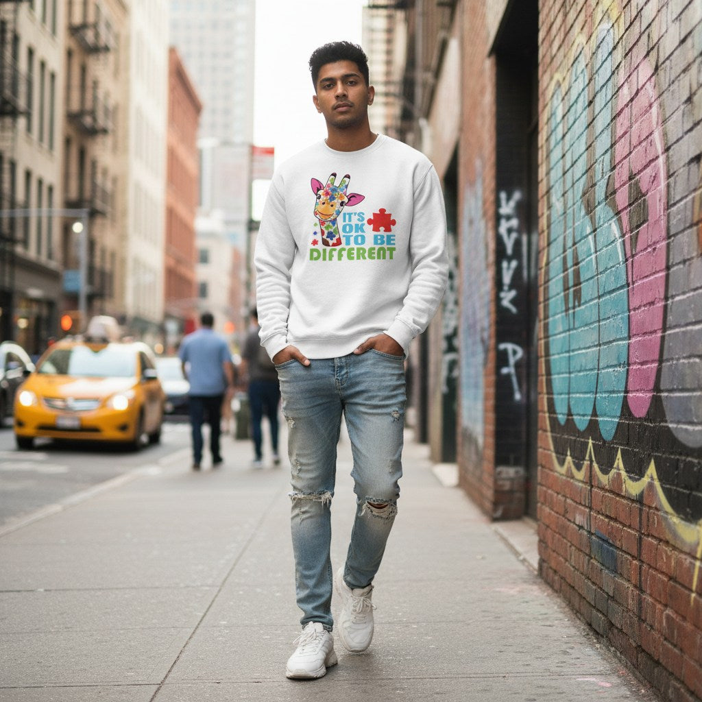 South Asian man wearing a white autism awareness sweatshirt with a giraffe design.