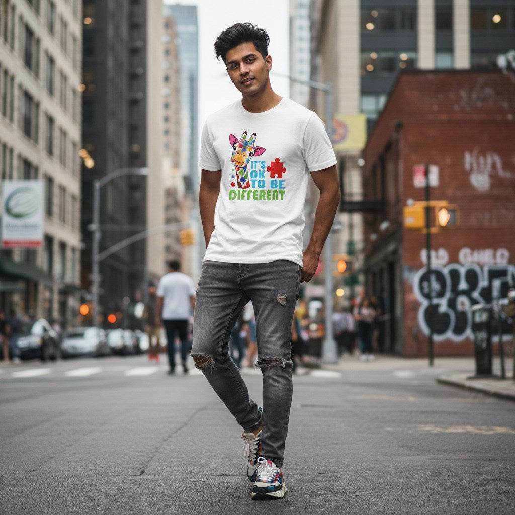 South Asian man wearing a white It's Ok To Be Different autism giraffe t-shirt.