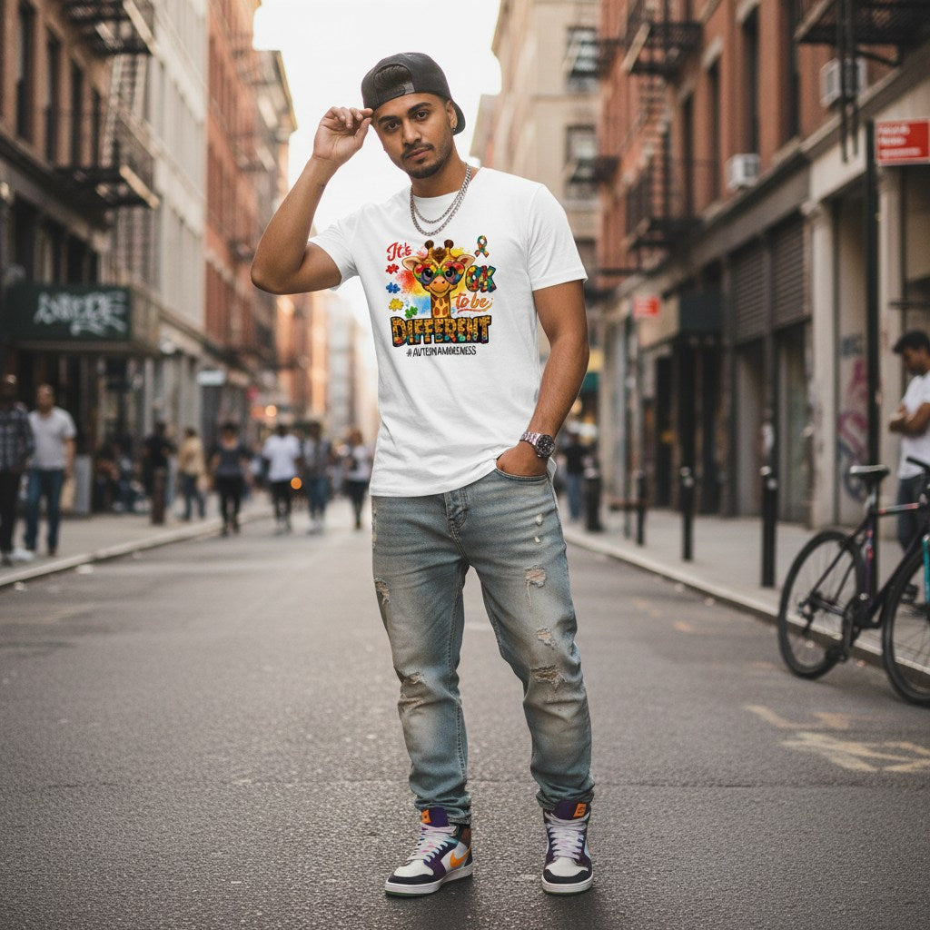 South Asian man wearing a white It's OK to Be Different autism awareness giraffe t-shirt.