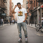 South Asian man wearing a white It's OK to Be Different autism awareness giraffe t-shirt.