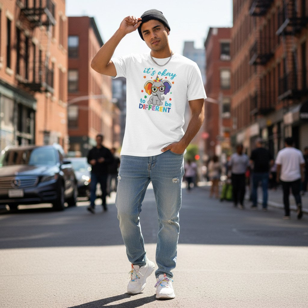 South Asian man wearing a white It is Okay to be Different autism awareness t-shirt with an elephant and unicorn design.