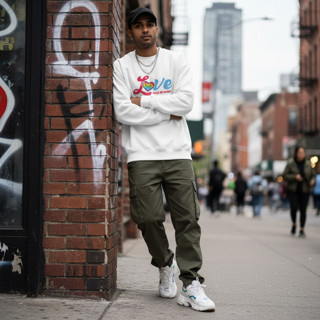 South Asian man wearing a white Love Needs No Words autism awareness sweatshirt.