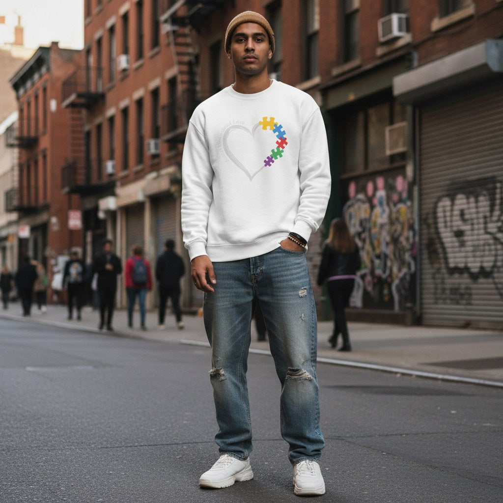 South Asian man wearing a white autism awareness puzzle heart sweatshirt.