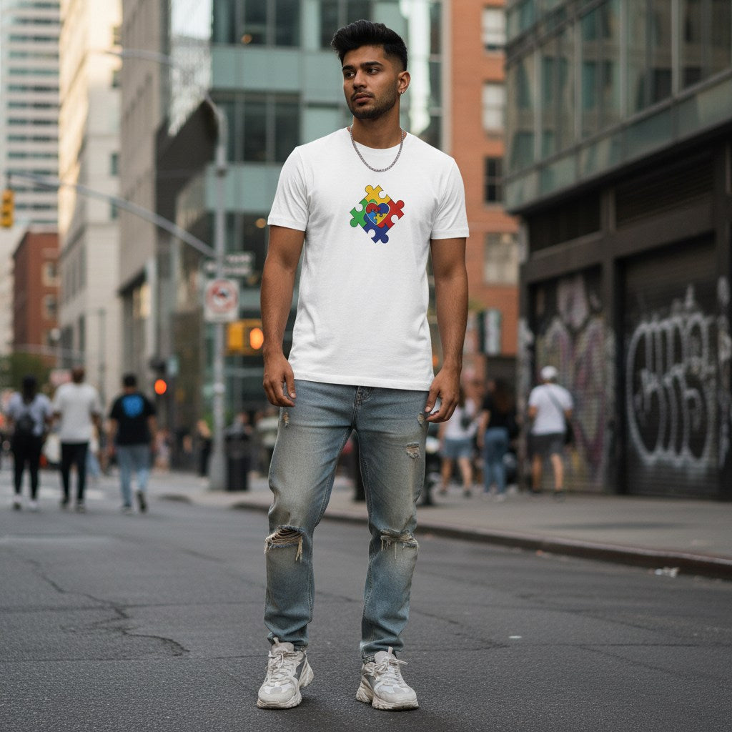 South Asian man wearing a white puzzle heart autism awareness T-shirt.