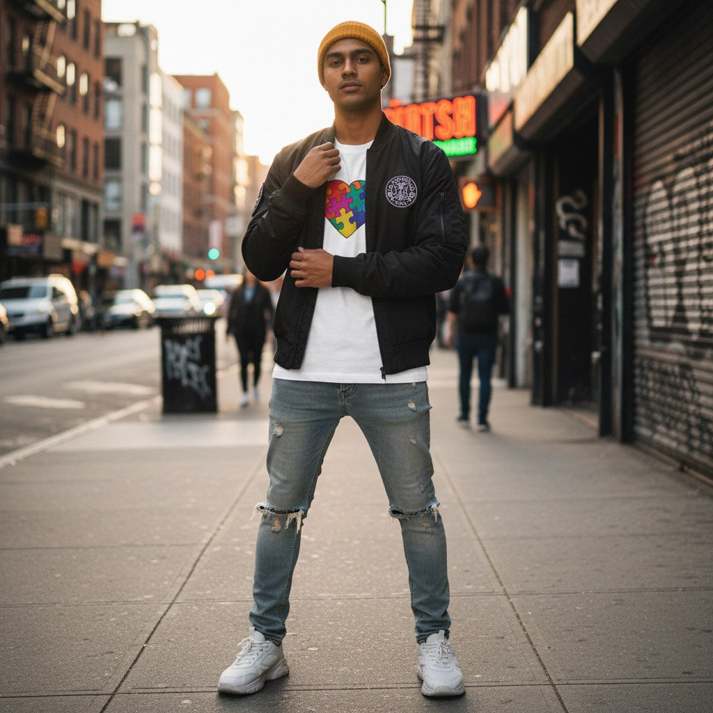 South Asian man wearing a white autism awareness puzzle heart T-shirt.