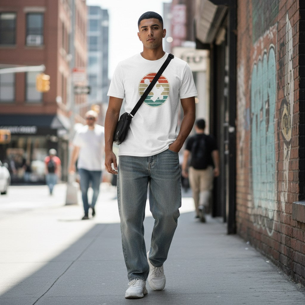 South Asian man wearing a white retro sunset puzzle piece autism awareness t-shirt.