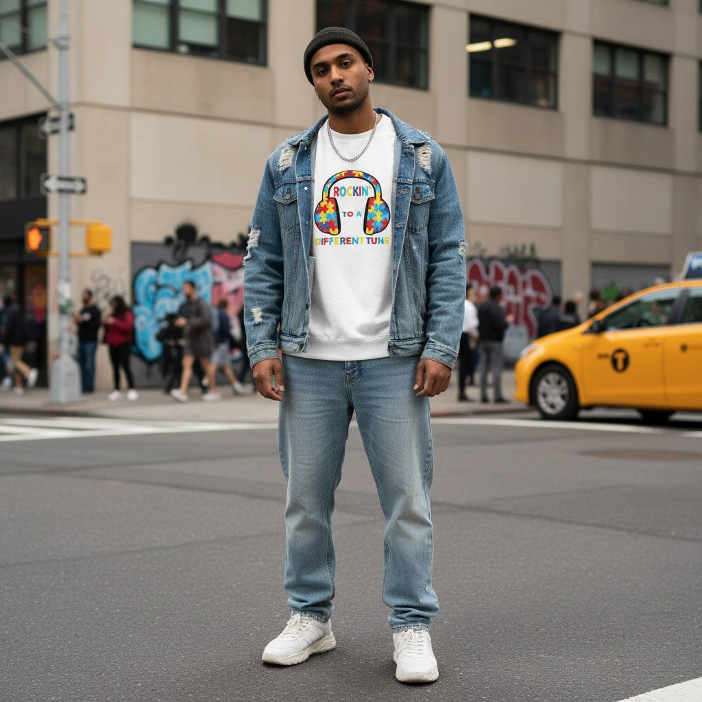South Asian man wearing a white "Rockin' to a Different Tune" autism awareness sweatshirt.