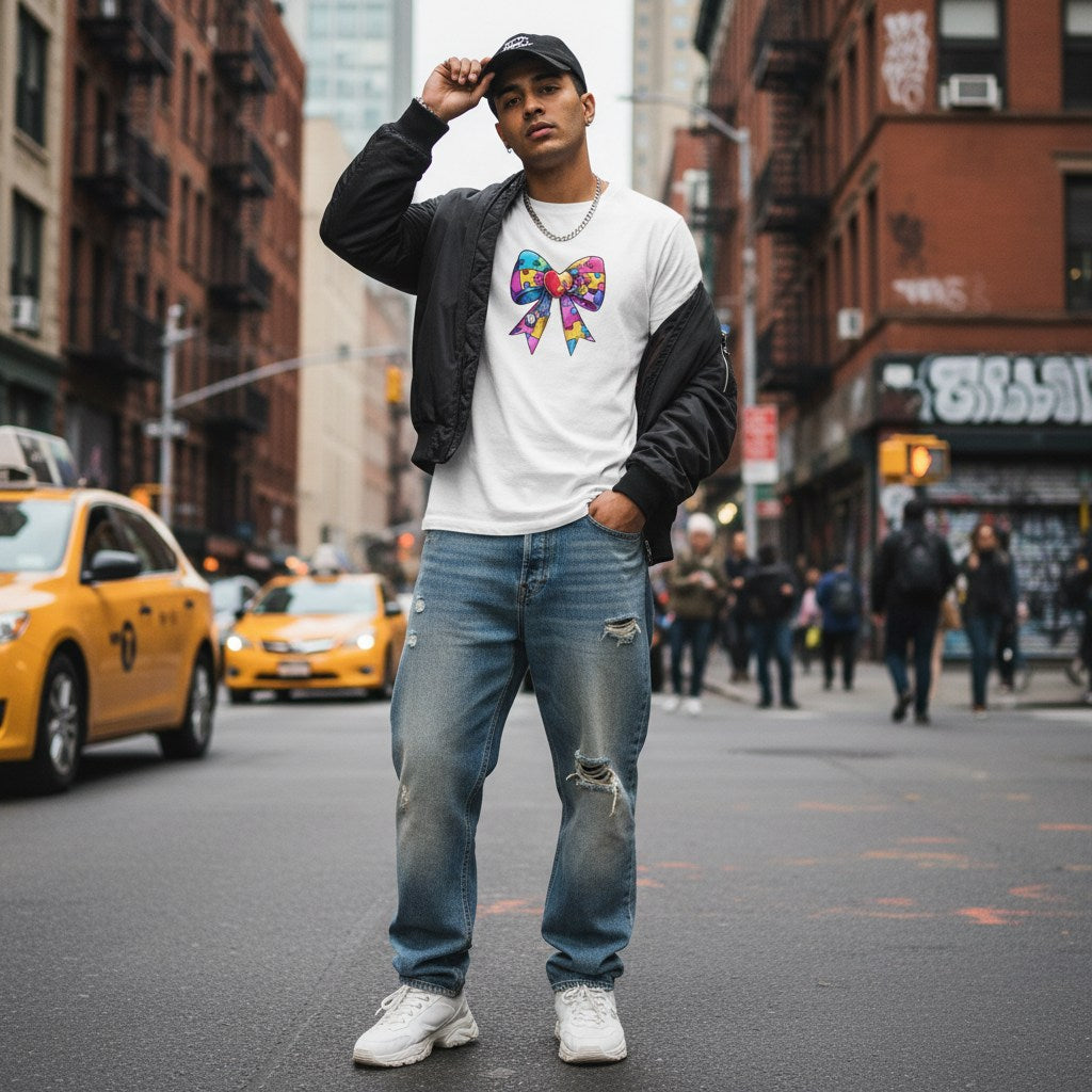 South Asian man wearing a white autism awareness puzzle piece bow t-shirt in a streetwear style.