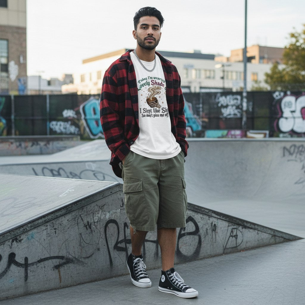 South Asian man wearing a white t-shirt in a streetwear setting