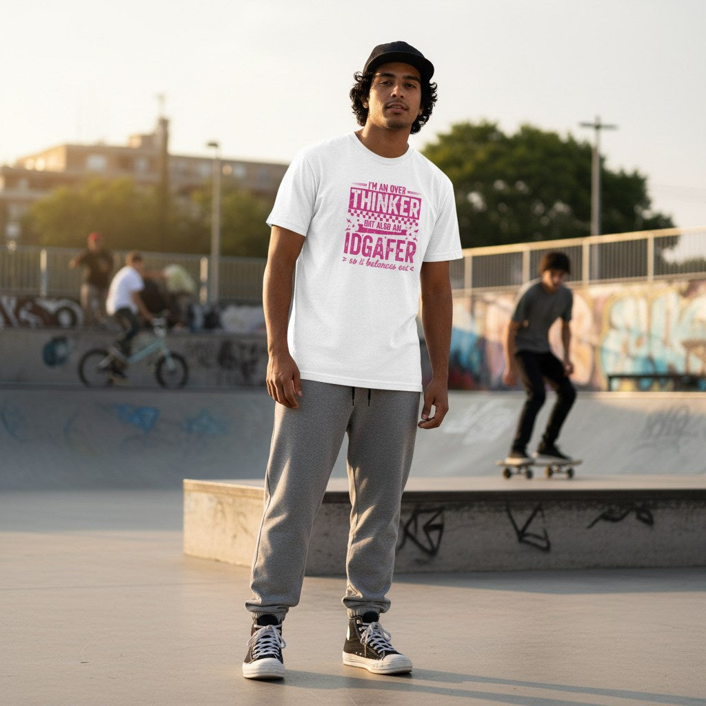 South Asian man in streetwear attire wearing a white t-shirt.