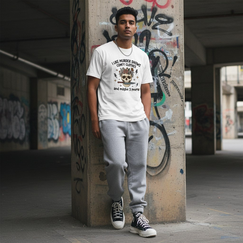 South Asian man wearing a white t-shirt in an urban streetwear setting