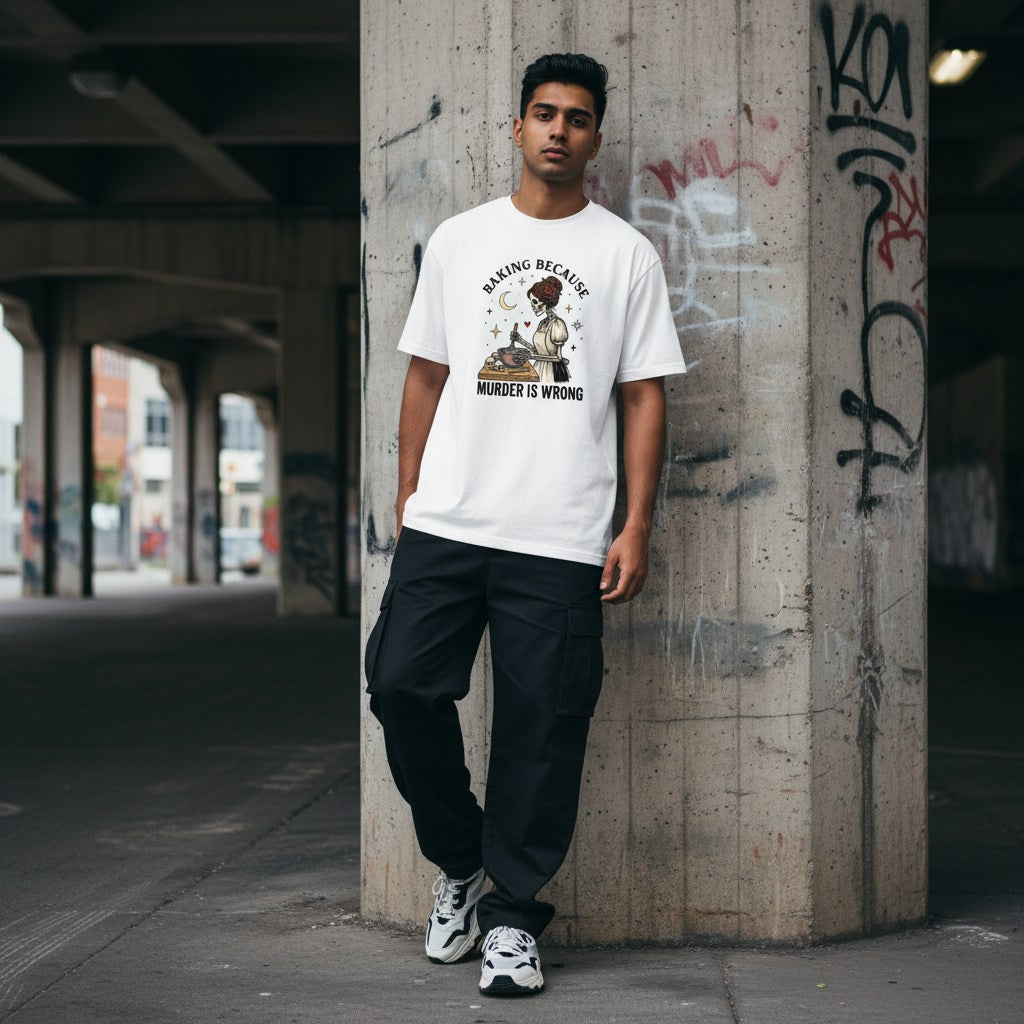 South Asian man wearing a white streetwear t-shirt in an urban setting