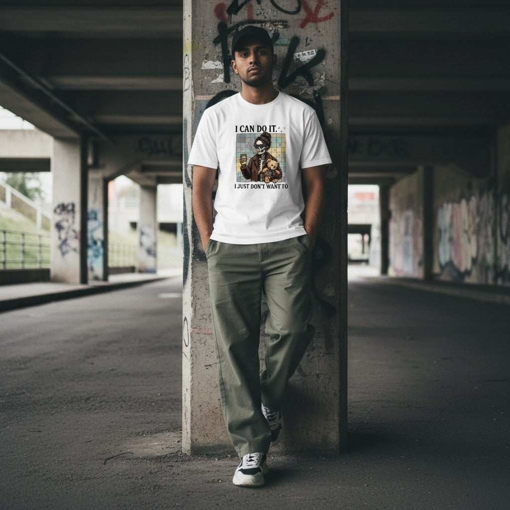 South Asian man wearing a white t-shirt and posing in an urban streetwear setting.
