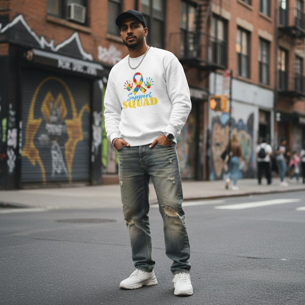 South Asian man wearing a white autism awareness support squad sweatshirt.
