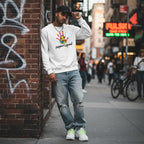 South Asian man wearing a white support squad autism awareness sweatshirt.