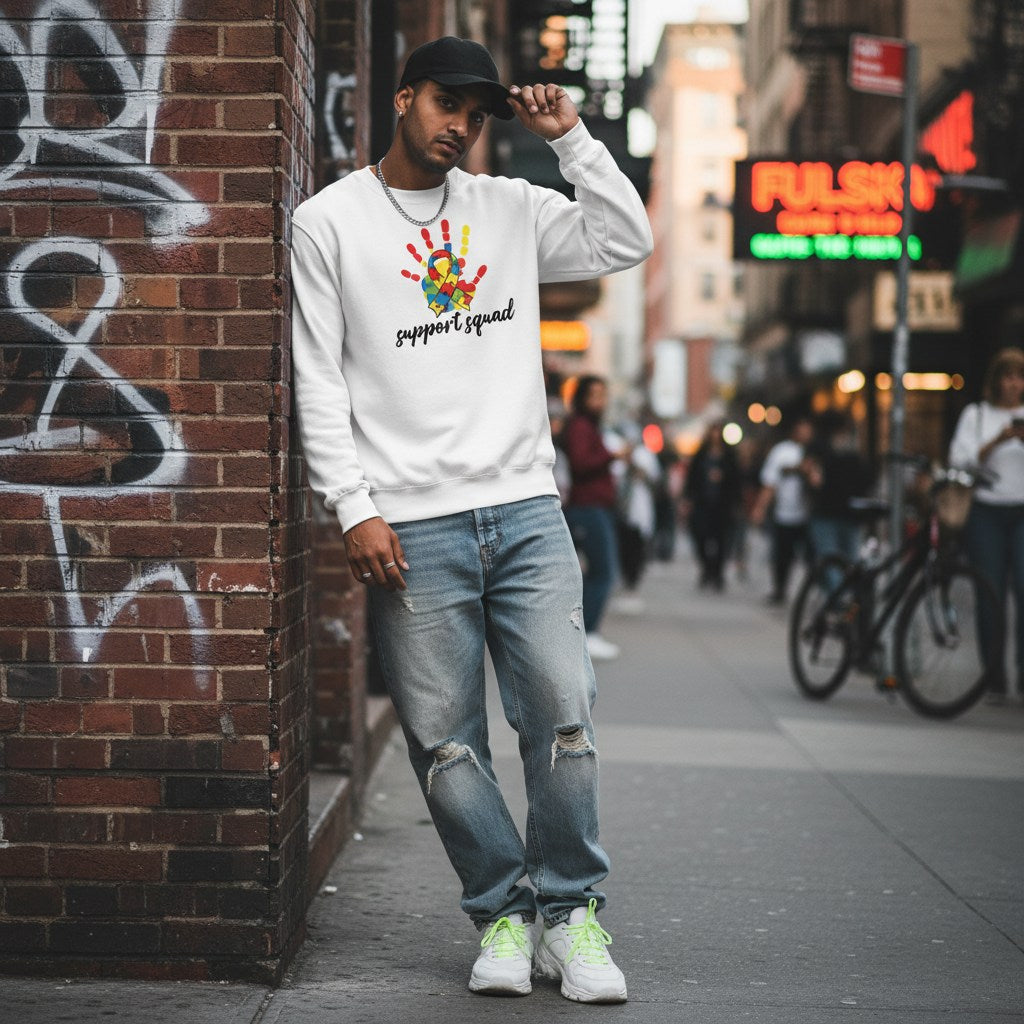 South Asian man wearing a white support squad autism awareness sweatshirt.