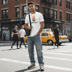 South Asian man wearing a white Support Squad autism awareness T-shirt.