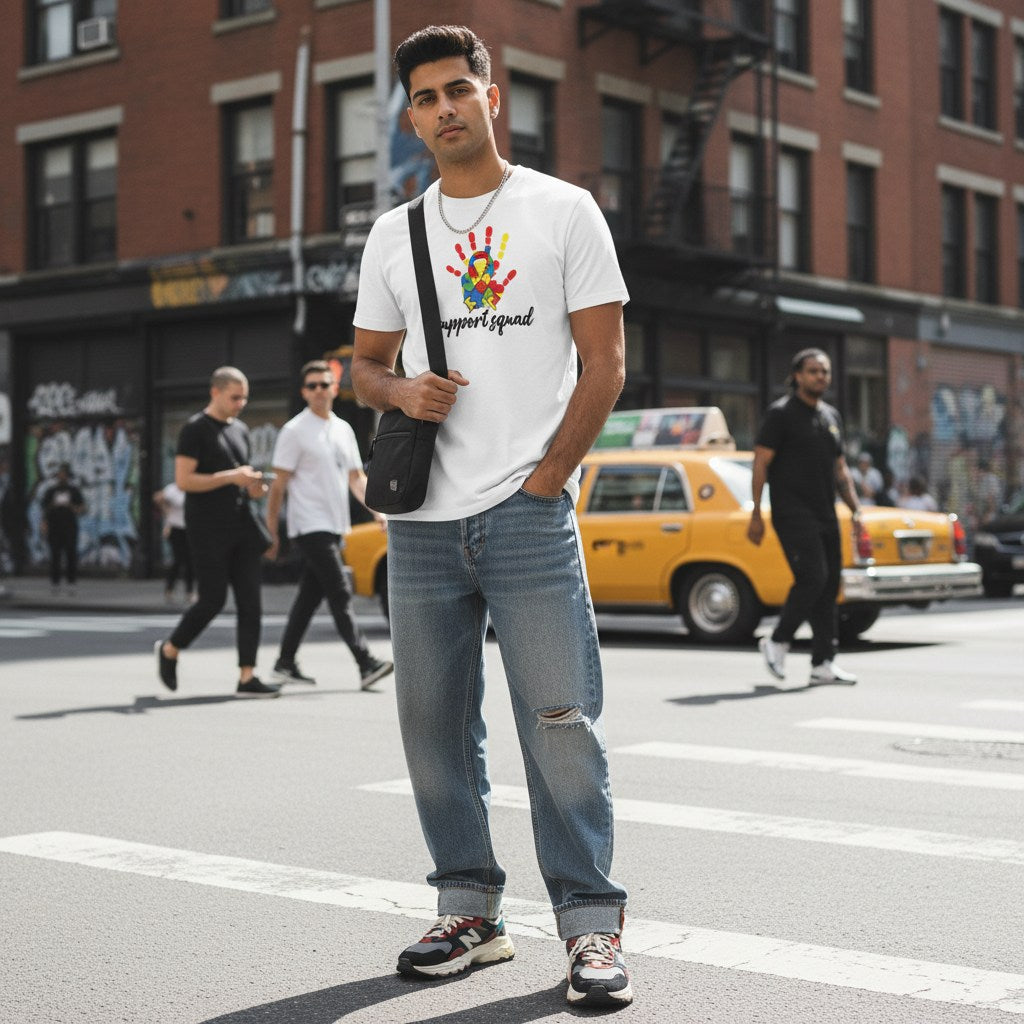 South Asian man wearing a white Support Squad autism awareness T-shirt.