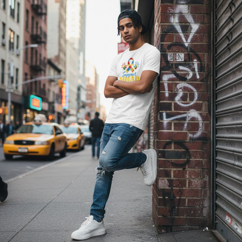 South Asian man wearing a white autism awareness support squad T-shirt.
