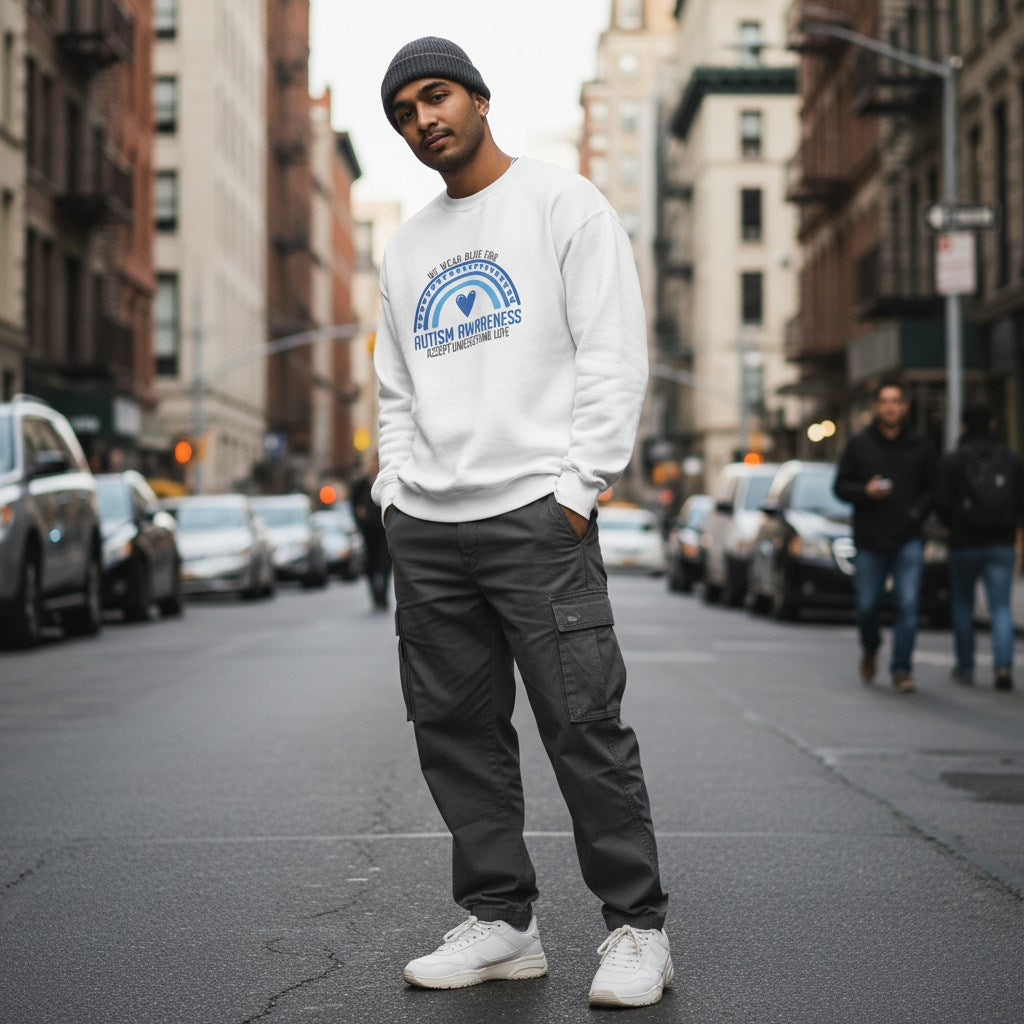 South Asian man wearing a white autism awareness sweatshirt.