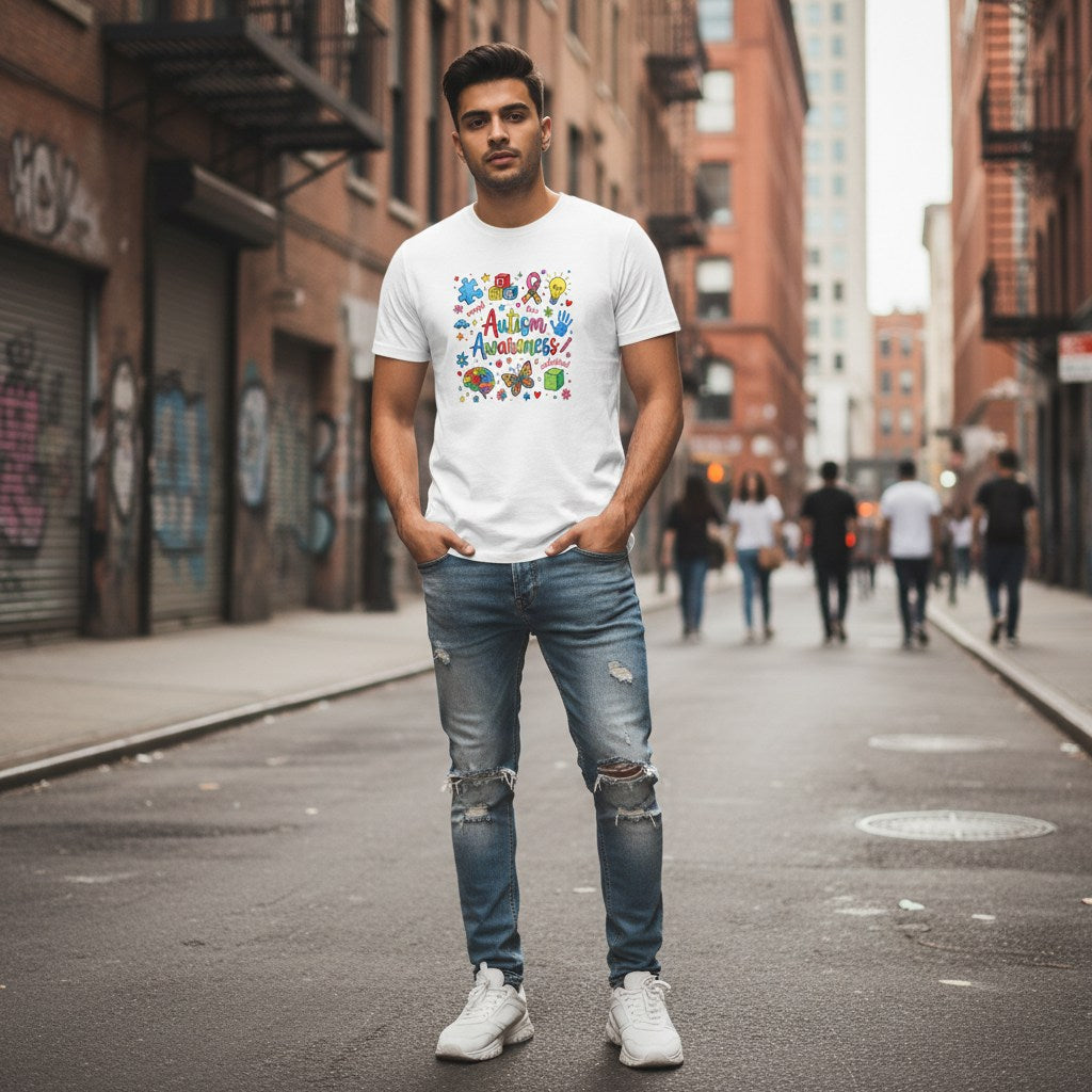 South Asian man wearing a white autism awareness T-shirt.