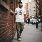 South Asian man wearing a white You'll Never Walk Alone autism awareness t-shirt.