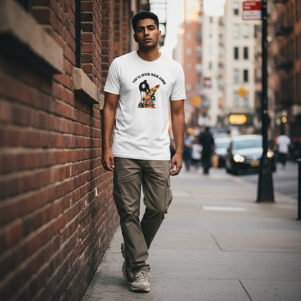 South Asian man wearing a white You'll Never Walk Alone autism awareness t-shirt.