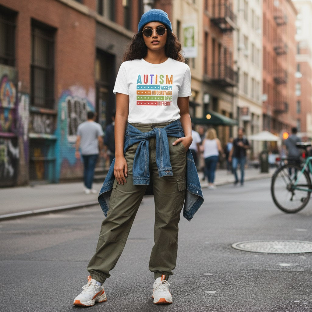 South Asian woman wearing a white autism awareness t-shirt in a streetwear style.