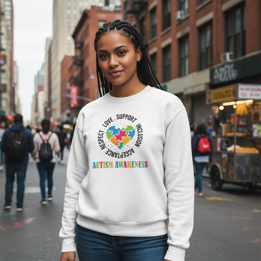South Asian woman wearing a white autism awareness puzzle heart sweatshirt.