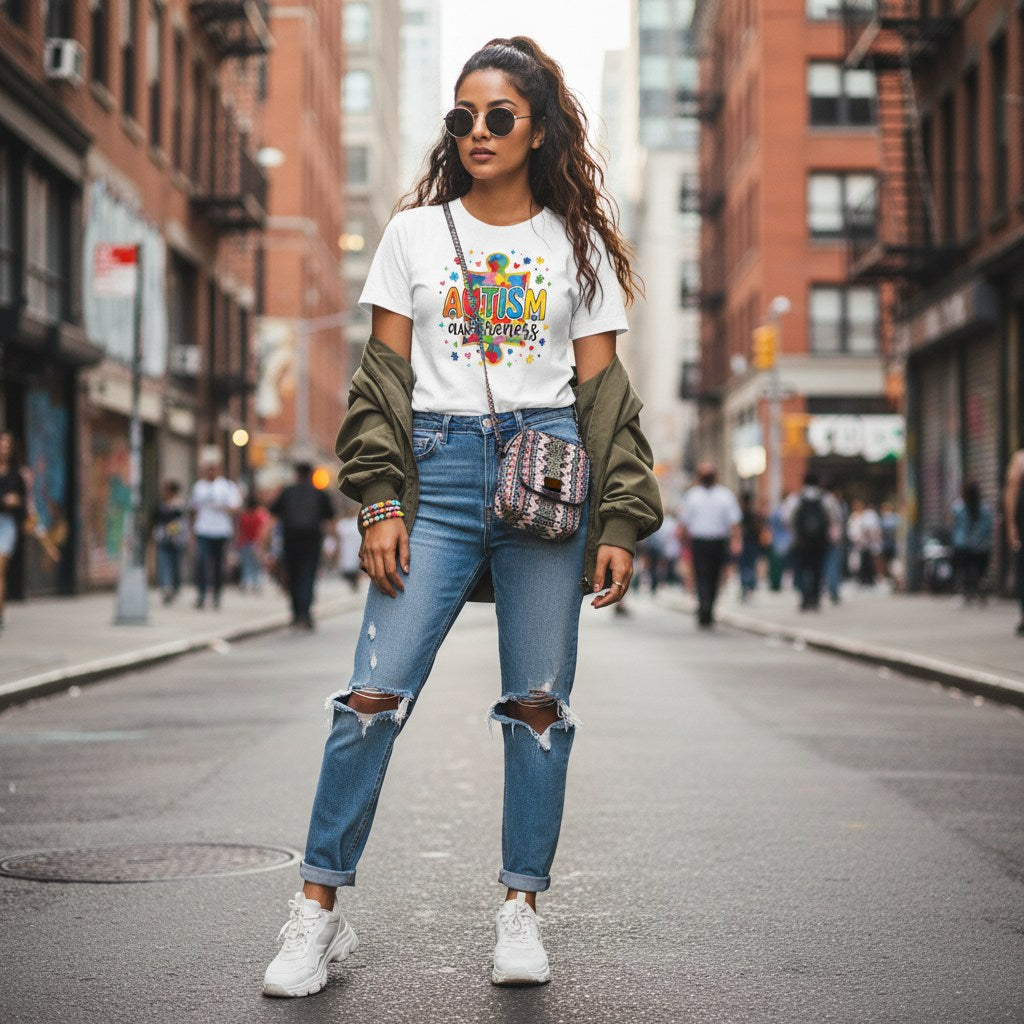South Asian woman wearing a white autism awareness puzzle T-shirt.