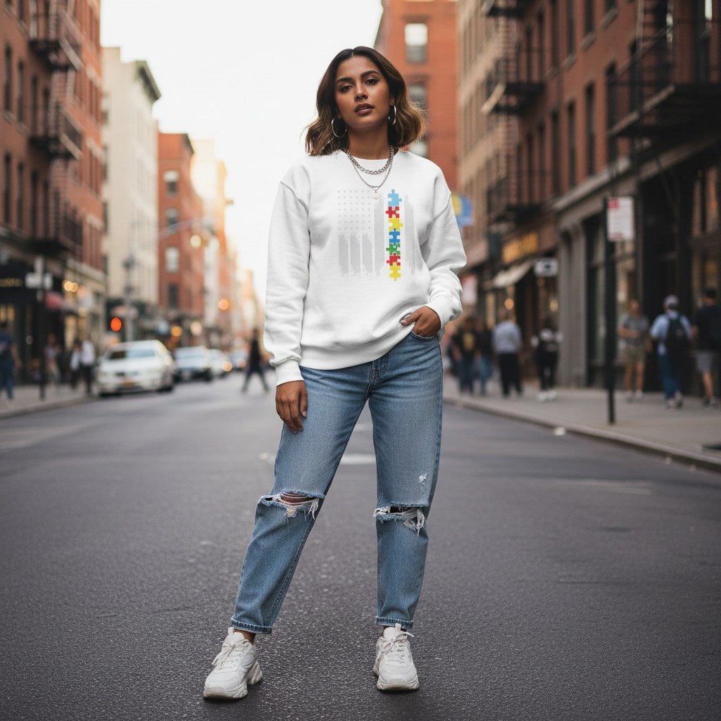 South Asian woman wearing a white autism puzzle piece flag sweatshirt.