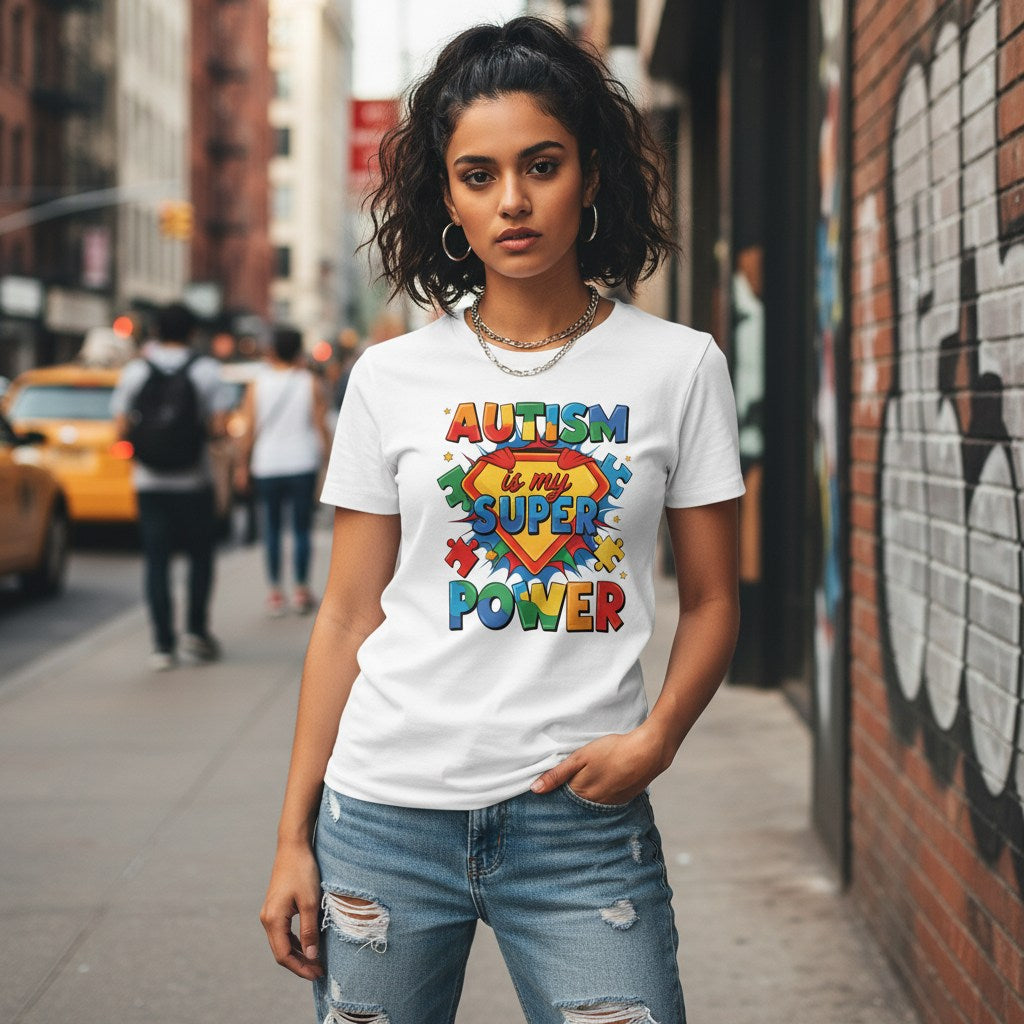 South Asian woman wearing a white autism awareness t-shirt in a streetwear style.