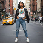 South Asian woman wearing a white autism lightning bolt doodle t-shirt.