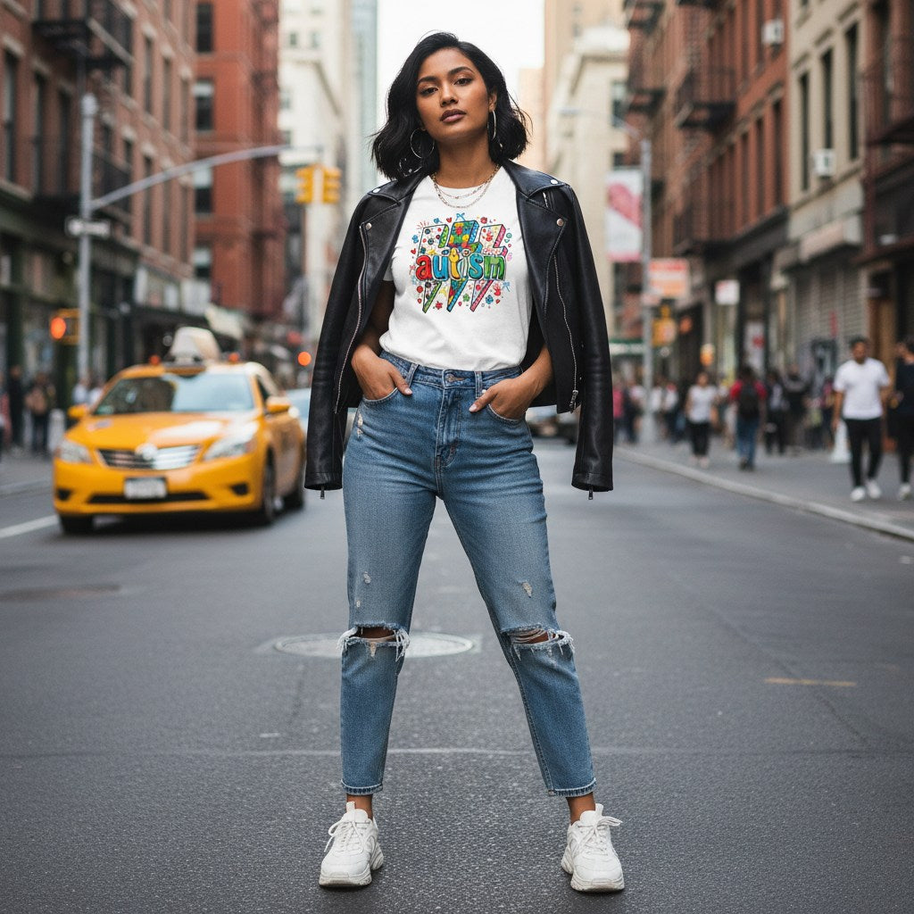 South Asian woman wearing a white autism lightning bolt doodle t-shirt.