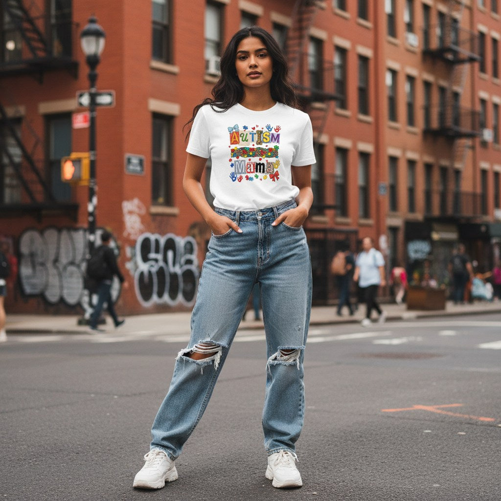 South Asian woman wearing a white autism mama collage t-shirt.